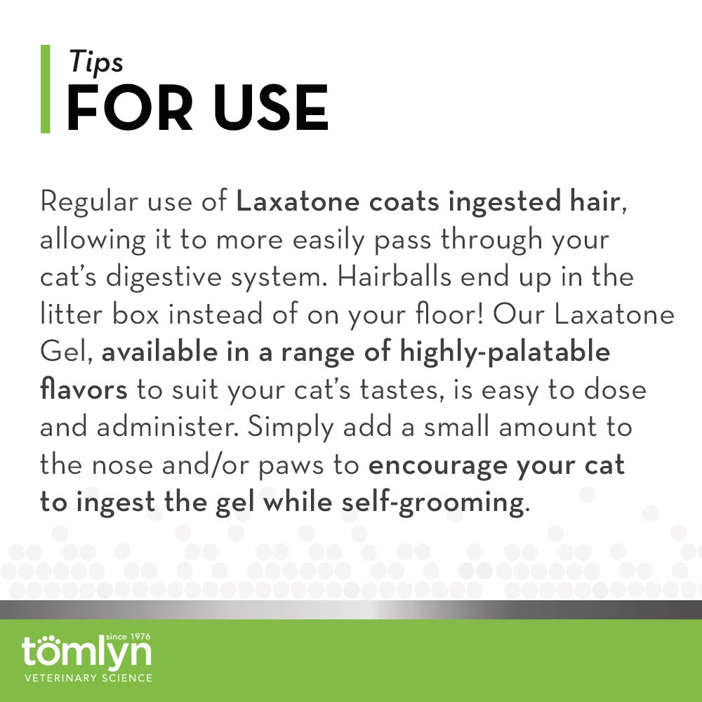 Tomlyn Laxatone omega fatty acids graphic emphasizing hairball support and nutrients.